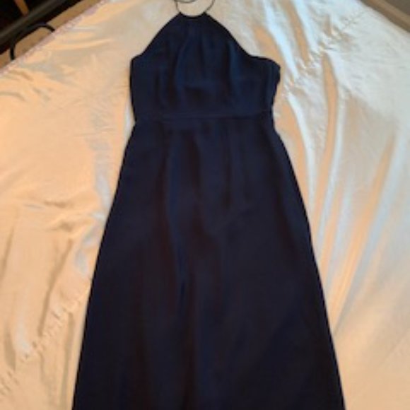 Navy blue silk halter minimalist bodycon dress - Picture 2 of 4